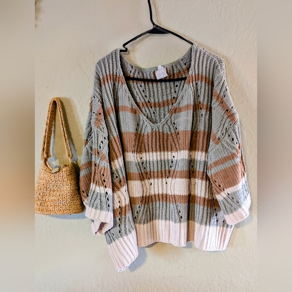 POL Sweaters - POL V-Neck Striped Sweater -Desert Sage Camel& Cream Cozy Soft Dropped Shoulder